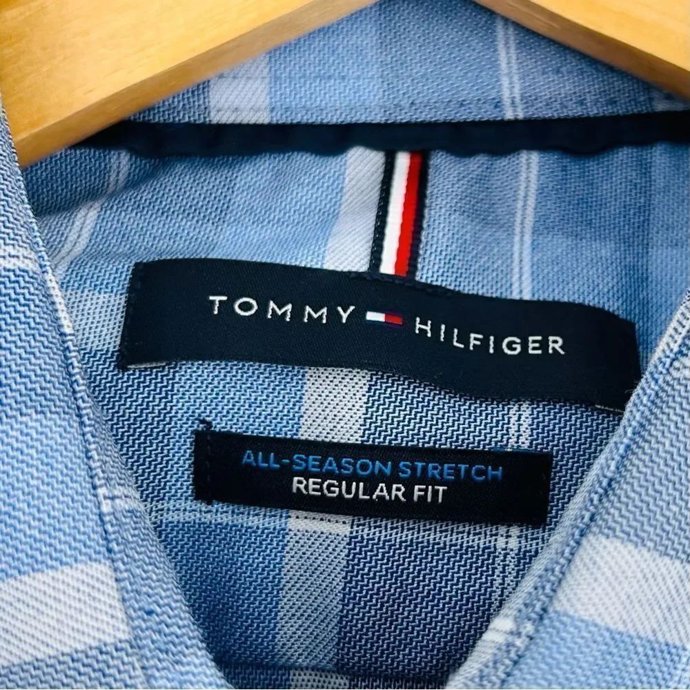 Tommy Hilfiger blue plaid all season stretch dress shirt size medium - Picture 5 of 7